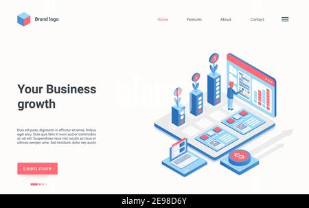 Business growth isometric vector illustration. Cartoon businessman character standing with workstation, using graphical interface to success solve business work problem, increase profit landing page Stock Vector