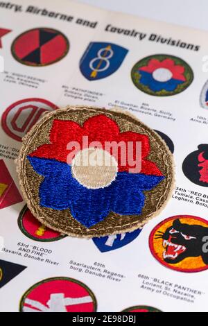 In August of 1945, 'Life' magazine displayed a full roster of arm patches, Including the Ninth Division, World War II., USA Stock Photo