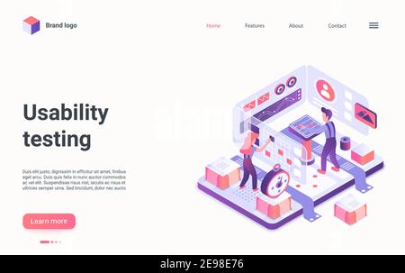 Usability mobile application testing isometric vector illustration. Cartoon 3d website development, interface app test process, developer or user people work on digital dashboard analysis landing page Stock Vector