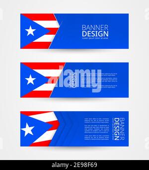 Set of three horizontal banners with flag of Puerto Rico. Web banner design template in color of Puerto Rico flag. Vector illustration. Stock Vector