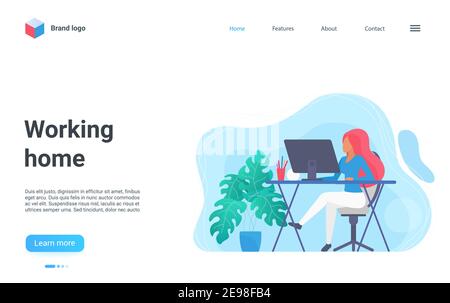 People work from home, distance freelance working vector illustration. Cartoon young woman freelancer character sitting at computer desk of home office workplace with green house plants landing page Stock Vector