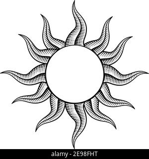 Sun Outline Woodcut Vintage Engraving Design Stock Vector