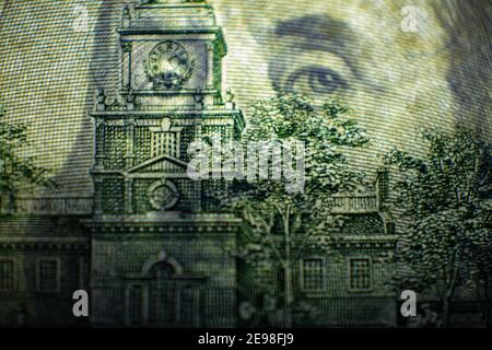 fragment of 100 dollar banknote with visible details of banknote reverse for design purpose Stock Photo