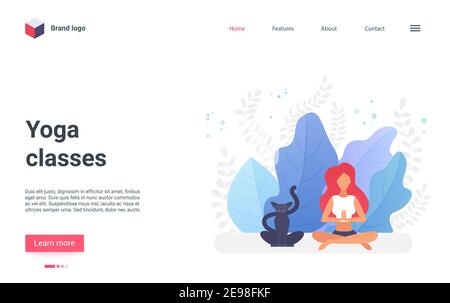 Online yoga classes vector illustration. Cartoon woman yogist character sitting in lotus position exercise with cat, practicing meditating yoga asana for relaxation, meditation at home landing page Stock Vector