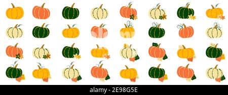Big pumpkin vector set with flower, tendril, leaf Stock Vector