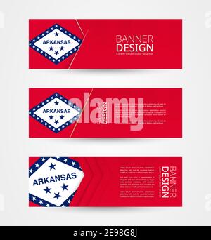 Set of three horizontal banners with US state flag of Arkansas. Web banner design template in color of Arkansas flag. Vector illustration. Stock Vector