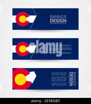 Set of three horizontal banners with US state flag of Colorado. Web banner design template in color of Colorado flag. Vector illustration. Stock Vector