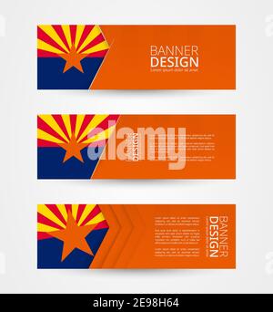 Set of three horizontal banners with US state flag of Arizona. Web banner design template in color of Arizona flag. Vector illustration. Stock Vector