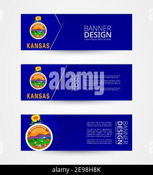 Set of three horizontal banners with US state flag of Kansas. Web banner design template in color of Kansas flag. Vector illustration. Stock Vector