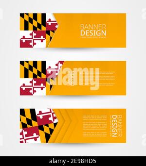 Set of three horizontal banners with US state flag of Maryland. Web banner design template in color of Maryland flag. Vector illustration. Stock Vector