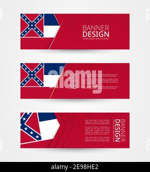 Set of three horizontal banners with US state flag of Mississippi. Web banner design template in color of Mississippi flag. Vector illustration. Stock Vector