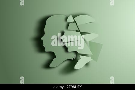 Womens head silhouette, one fractured the other fine. Mental health concept, talking therapy. Vector illustration. Stock Vector