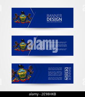 Set of three horizontal banners with US state flag of Pennsylvania. Web banner design template in color of Pennsylvania flag. Vector illustration. Stock Vector