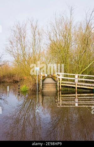 Car park and bridge flooding, River Ver,  Frogmore Park Street St. Albans Stock Photo