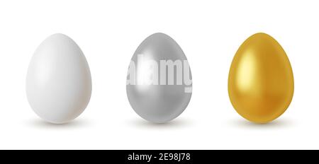 Vector metal Easter eggs set. Realistic silver and golden glitter eggs collection for your design Stock Vector