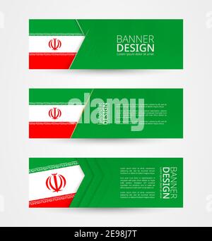Set of three horizontal banners with flag of Iran. Web banner design template in color of Iran flag. Vector illustration. Stock Vector