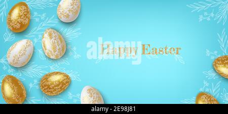 Realistic Gold and white easter eggs with flower ornaments on blue background. Vector Stock Vector