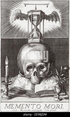 Memento Mori.  Remember death, or Remember you must die.  After an early 17th century work by Hendrick Hondius.  Symbols in this picture include a skull, an hourglass and scales.  The scales are set above two very different wings which suggest an afterlife in heaven or hell depending upon comportment in the here and now. Stock Photo