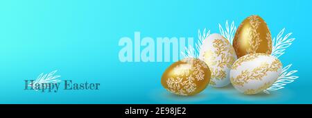 Realistic Gold and white easter eggs with flower ornaments on blue background. Vector Stock Vector