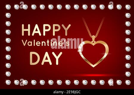 Banner with a pendant in the shape of a heart with diamonds. Valentine s Day gift. A beautiful decoration. Expensive necklace. Stock Vector