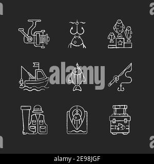 Equipment for fishing chalk white icons set on black background Stock Vector