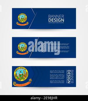 Set of three horizontal banners with US state flag of Idaho. Web banner design template in color of Idaho flag. Vector illustration. Stock Vector