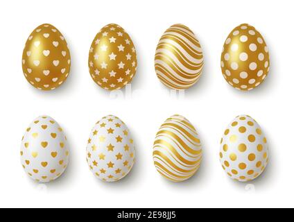 Realistic Gold and white easter eggs with geometric ornaments. Vector Stock Vector