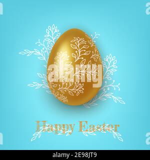 Realistic Gold and white easter eggs with flower ornaments on blue background. Vector Stock Vector