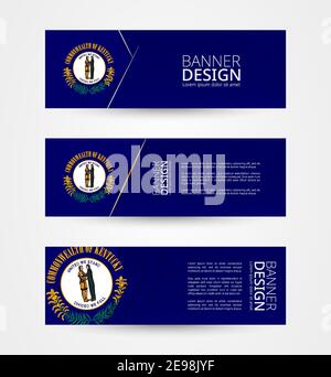 Set of three horizontal banners with US state flag of Kentucky. Web banner design template in color of Kentucky flag. Vector illustration. Stock Vector