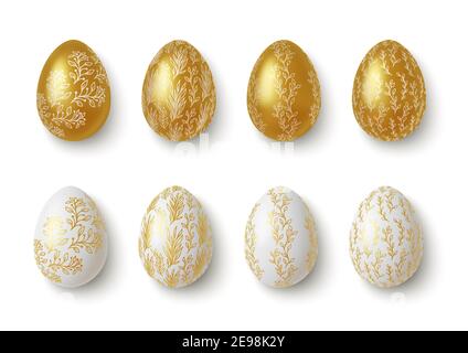 Realistic Gold and white easter eggs with flower ornaments. Vector Stock Vector