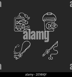 Tools for fishing chalk white icons set on black background Stock Vector