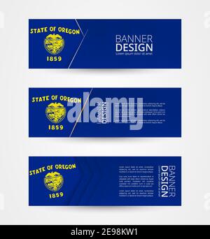 Set of three horizontal banners with US state flag of Oregon. Web banner design template in color of Oregon flag. Vector illustration. Stock Vector