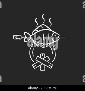 Cooking freshly caught fish chalk white icon on black background Stock Vector