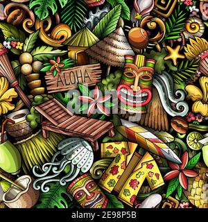 Cartoon doodles Hawaii seamless pattern. Stock Vector