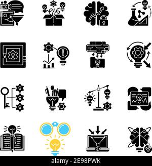 Creative thinking black glyph icons set on white space Stock Vector