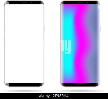 Modern cell phones pack in black color with golden and silver frames. High quality 3d vector smartphone mockup design. Phones with blank white and col Stock Vector
