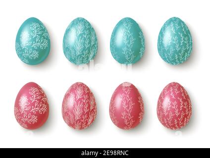 Realistic pink and blue easter eggs with flower ornaments. Vector Stock Vector