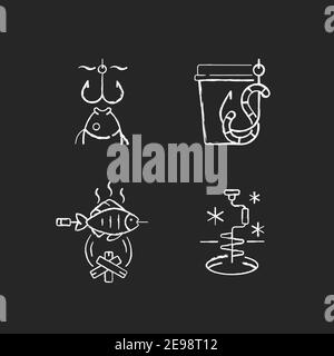 Cooking freshly caught fish chalk white icons set on black background Stock Vector