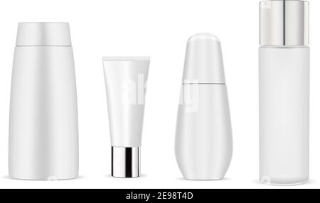 White cosmetic bottle mockup pack. 3d realistic vector set in plastic material. Different package: bottles, tube, flacon for gel, soap, shampoo for hy Stock Vector