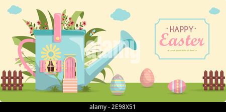 A set of brightly, colorful painted Easter eggs and a cute little house in flowers. Vector illustration with a happy Easter wish. Template for a postcard, invitation, ad or banner. A bright, cute illustration for a spring Christian holiday. Stock Vector