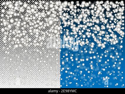 Abstract snowflakes background. Falling snow on dark blue and transparent background.  Fall of snow isolated. EPS vector poster design. Stock Vector