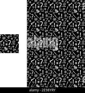 Font character seamles pattern. Creative vector illustration. Question, exclamation mark, star, at, and symbols in random order on black background. Stock Vector