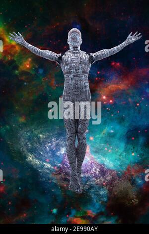 Droid Ascension in fantastic vivid space. Sci-fi and spiritual scene. 3D rendering Stock Photo