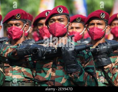 Colombo, Sri Lanka. 3rd Feb, 2021. Sri Lanka Army Commando Regiment march during the 73rd Independence Day rehearsal Parade in Colombo. Sri Lanka's independence from British colonial rule is celebrated on Feb. 4 each year. Credit: Pradeep Dambarage/ZUMA Wire/Alamy Live News Stock Photo