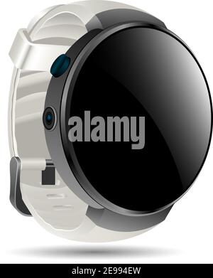 Round Clock Face Black Smart Watch With White Wrist Belt. Futuristic Technology Wristwatch with Touchscreen and Mobile Phone Interface. Modern Facion Stock Vector