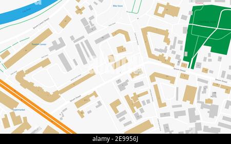 City Map Abstract Design for Mobile App Illustration. Urban Navigation Plan with Road, River, Park. Travel Geography Location. ofr computer, Internet. Stock Vector