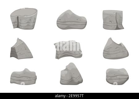 Stone boulders set isolated on white background, detailed drawing in cartoon style with cracked elements for design and ui games. Collection massive c Stock Vector