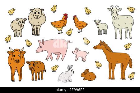 Set of cute doodle outline vector cartoon animals at the farm. Sheep, ram, cow, bull, calf, chicken, rooster, goat mother and kid, pig small and big, Stock Vector