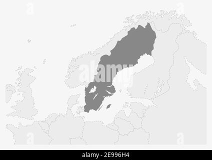 Map of Europe with highlighted Sweden map, gray map of Sweden with neighboring countries Stock Vector