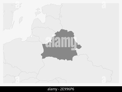 Map of Europe with highlighted Belarus map, gray map of Belarus with neighboring countries Stock Vector